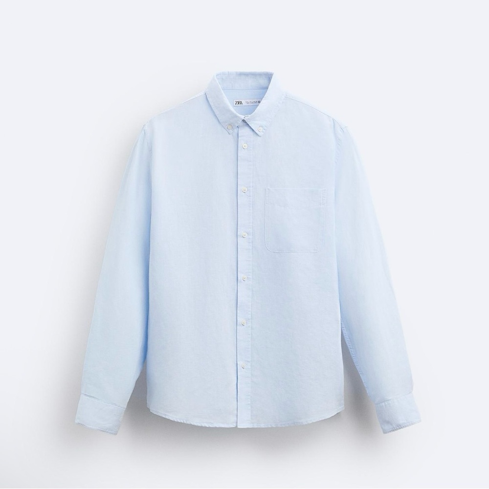 Zara Men's Light Blue Cotton Linen Shirt